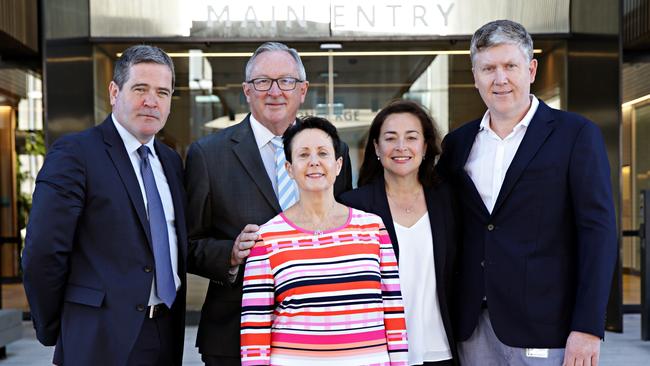 Left to right MD and CEO Healthcope Gordon Ballantyne, MP Brad Hazzard, CEO of NBH Deborah Latta, Surgeon Stuart Pincott and Medical Director of NBH Louise Messara out the front of the new Northern Beaches Hospital when it opened on October 30. Picture: Adam Yip.