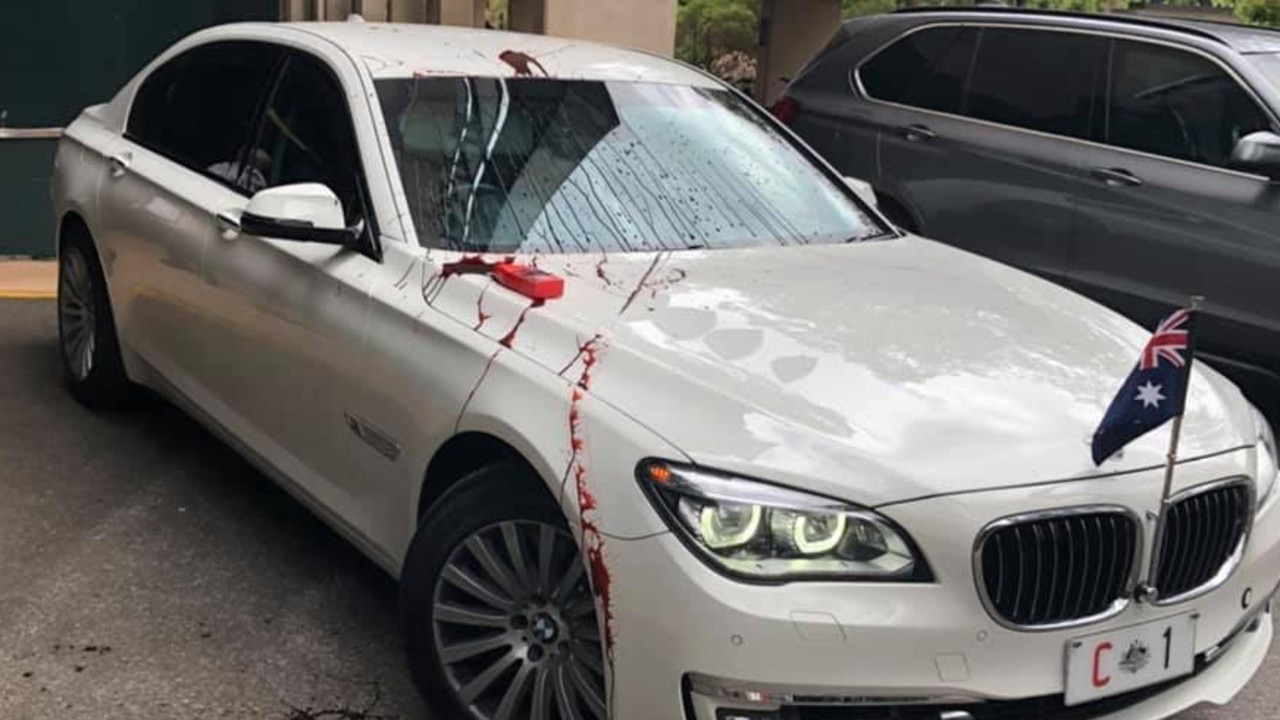 Facebook image of Prime Minister Scott Morrison's car at UQ, where protesters have thrown paint at the vehicle and a campus building. Picture: Facebook/Drew Pavlou