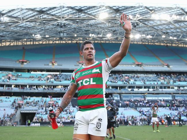 Dane Gagai of the Rabbitohs thanks fans after winning the round four NRL match between the Canterbury Bulldogs and the South Sydney Rabbitohs at Stadium Australia, on April 02, 2021, in Sydney, Australia. Picture: Cameron Spencer