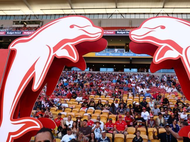 BRISBANE, AUSTRALIA - MARCH 05: Dolphins warms up ahead of the round one NRL match between the Dolphins and Sydney Roosters at Suncorp Stadium on March 05, 2023 in Brisbane, Australia. (Photo by Chris Hyde/Getty Images)