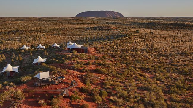 Aerial view of Baillie Lodges' Longitude 131 at Uluru-Kata-Tjuta. Picture: George Apostolidis