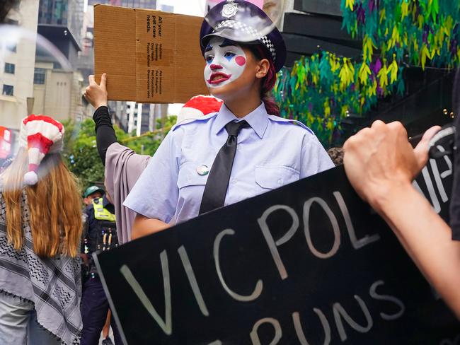 One protester dressed as a clown. Picture: NewsWire / Luis Enrique Ascui