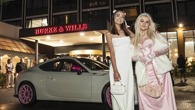 Toowoomba Flexi School graduate Shanyce Paige (right) with partner Roxanne Ashley to the formal at Burke and Wills Hotel, Thursday, October 10, 2024. Picture: Kevin Farmer