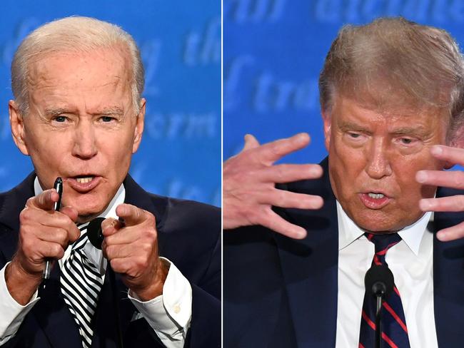 (COMBO) This combination of pictures created on September 29, 2020 shows Democratic Presidential candidate and former US Vice President Joe Biden (L) and US President Donald Trump speaking during the first presidential debate at the Case Western Reserve University and Cleveland Clinic in Cleveland, Ohio on September 29, 2020. (Photos by Jim WATSON and SAUL LOEB / AFP)