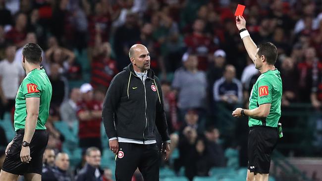 Markus Babbel, coach of the Wanderers, reacts after being shown a red card by referee Chris Beath. Picture: Getty