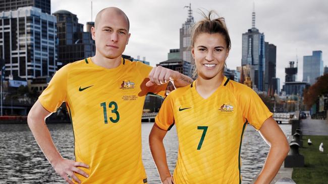 Socceroo Aaron Mooy and Matilda Steph Catley. Picture: Michael Klein