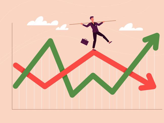 Financial investment volatility, up and down arrows profit graph due to Coronavirus crisis, businessman trying to balance like a tightrope walker so that volatility does not gobble up his investments