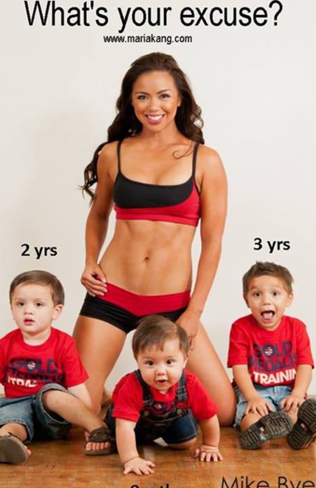 Incendiary post ... Mother-of-three and fitness fanatic Maria Kang with her infamous blog title that led to her being deemed "judgmental", a "fat-shamer" and a "bully".