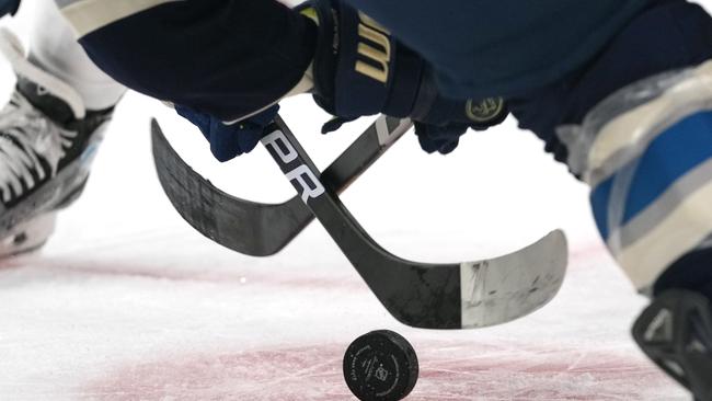 ICE HOCKEY GENERIC COLUMBUS, OHIO - FEBRUARY 25: Generic view of a puck bouncing off the ice during a face off in the game between the Columbus Blue Jackets and the New York Rangers  at Nationwide Arena on February 25, 2024 in Columbus, Ohio. (Photo by Jason Mowry/Getty Images)