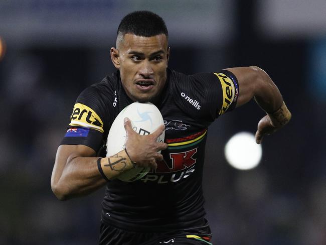 SYDNEY, AUSTRALIA - APRIL 22: Stephen Crichton of the Panthers runs the ball during the round seven NRL match between the Penrith Panthers and the Newcastle Knights at BlueBet Stadium, on April 22, 2021 in Sydney, Australia. (Photo by Jason McCawley/Getty Images)