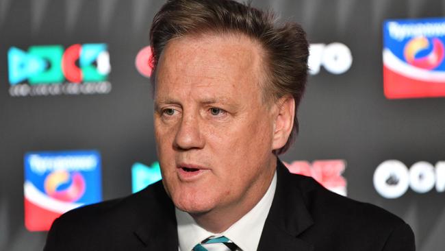 Port Adelaide Power CEO Keith Thomas speaks to the media at the Community Classroom at Alberton. Picture: AAP Image/David Mariuz.