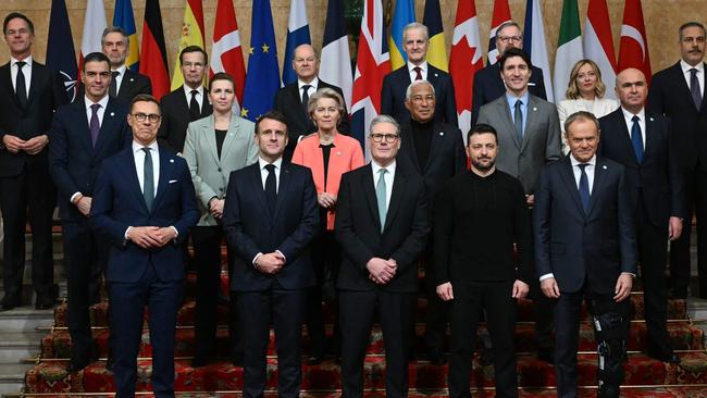 (Back row L-R) NATO Secretary-General Mark Rutte, Netherlands' Prime Minister Dick Schoof, Sweden's Prime Minister Ulf Kristersson, Germany's Chancellor Olaf Scholz, Norway's Prime Minister Jonas Gahr Store, Czech Republic's Prime Minister Petr Fiala, Turkey's Minister of Foreign Affairs Hakan Fidan, (Middle row L-R) Spain's Prime Minister Pedro Sanchez, Denmark's Prime Minister Mette Frederiksen, European Commission President Ursula von der Leyen, European Council President Antonio Costa, Canada's Prime Minister Justin Trudeau, Italy's Prime Minister Giorgia Meloni, Romania's Interim President Ilie Bolojan, (Front row L-R) Finland's President Alexander Stubb, France's President Emmanuel Macron, Britain's Prime Minister Keir Starmer, Ukraine's President Volodymyr Zelensky and Poland's Prime Minister Donald Tusk pose for a family photograph during a summit in London. Picture: AFP.