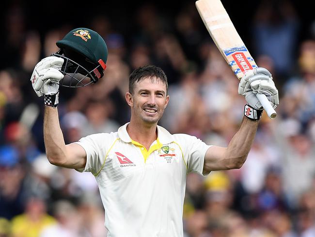 Australian batsman Shaun Marsh celebrates after scoring a century on Day 2 of the Second Test match between Australia and England at the Adelaide Oval in Adelaide, Sunday, December 3, 2017. (AAP Image/Dave Hunt) NO ARCHIVING, EDITORIAL USE ONLY, IMAGES TO BE USED FOR NEWS REPORTING PURPOSES ONLY, NO COMMERCIAL USE WHATSOEVER, NO USE IN BOOKS WITHOUT PRIOR WRITTEN CONSENT FROM AAP