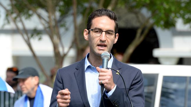 Labor MP Josh Burns speaks at a vigil near the Adass Israel Synagogue of Melbourne after it was destroyed by fire on Friday. Picture: NewsWire / Andrew Henshaw