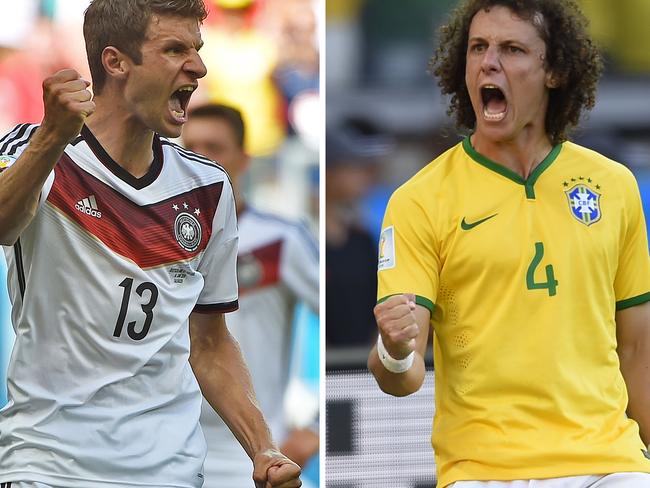 (FILES) A combination of two file pictures created on July 5, 2014 shows Germany's forward Thomas Mueller (L) celebrating after scoring a penalty during the Group G football match between Germany and Portugal at the Fonte Nova Arena in Salvador during the 2014 FIFA World Cup on June 16, 2014 and Brazil's defender David Luiz celebrating at the end of the penalty shootout after the extra time in the round of 16 football match between Brazil and Chile at The Mineirao Stadium in Belo Horizonte during the 2014 FIFA World Cup on June 28, 2014. Brazil will face Germany in their World Cup 2014 semi-final football match in the Estadio Mineirao in Belo Horizonte on July 8, 2014. AFP PHOTO / PATRIK STOLLARZ / FABRICE COFFRINI