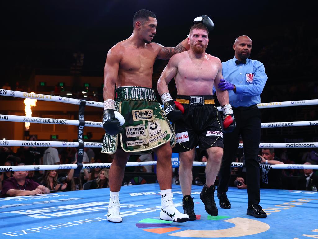 GOLD COAST, AUSTRALIA - JUNE 08: Jai Opetaia of Australia reacts after victory in his IBF Cruiserweight Title bout against Claudio Squeo of Italy at Gold Coast Convention and Exhibition Centre on June 08, 2025 in Gold Coast, Australia. (Photo by Chris Hyde/Getty Images)