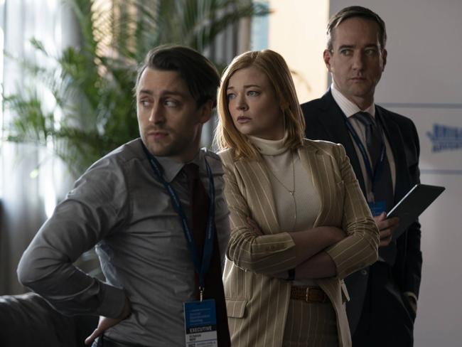 TV Roy-alty … Sarah Snook as Shiv Roy, flanked by on-screen brother Roman Roy (played by Kieran Culkin) and on-screen husband Tom Wambsgans (Matthew Macfadyen). Image credit: HBO/Binge