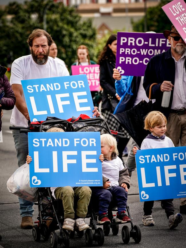 Anti-abortion protesters gathered in Adelaide on Saturday to protest against the Termination of Pregnancy bill, currently before SA Parliament. Picture: Mike Burton