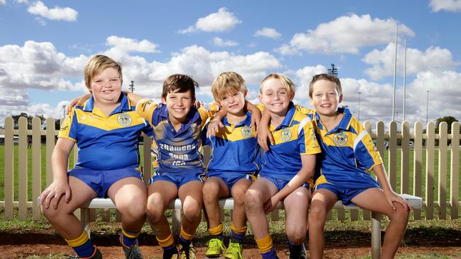 Condobolin junior Rugby League players Miller Taylor, 9, Ryley Smith, 10, Hudson Taylor, 6, Nate Bincent, 10, and Jaden Glasson, 10. Picture: Jonathan Ng