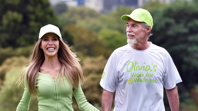 MELBOURNE, AUSTRALIA - FEBRUARY 25TH, 2023: Olivia Newton-Johns daughter Chloe Lattanzi and Olivias husband John Easterling, at the Royal Botanical Gardens in Melbourne, ahead of Olivias Walk for Wellness.Picture : Nicki Connolly