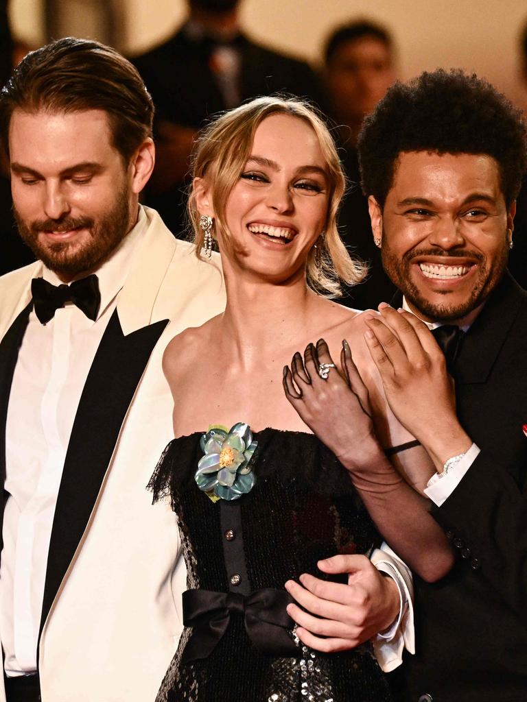 US director Sam Levinson, Lily-Rose Depp and The Weeknd. Picture: Loic Venance/AFP