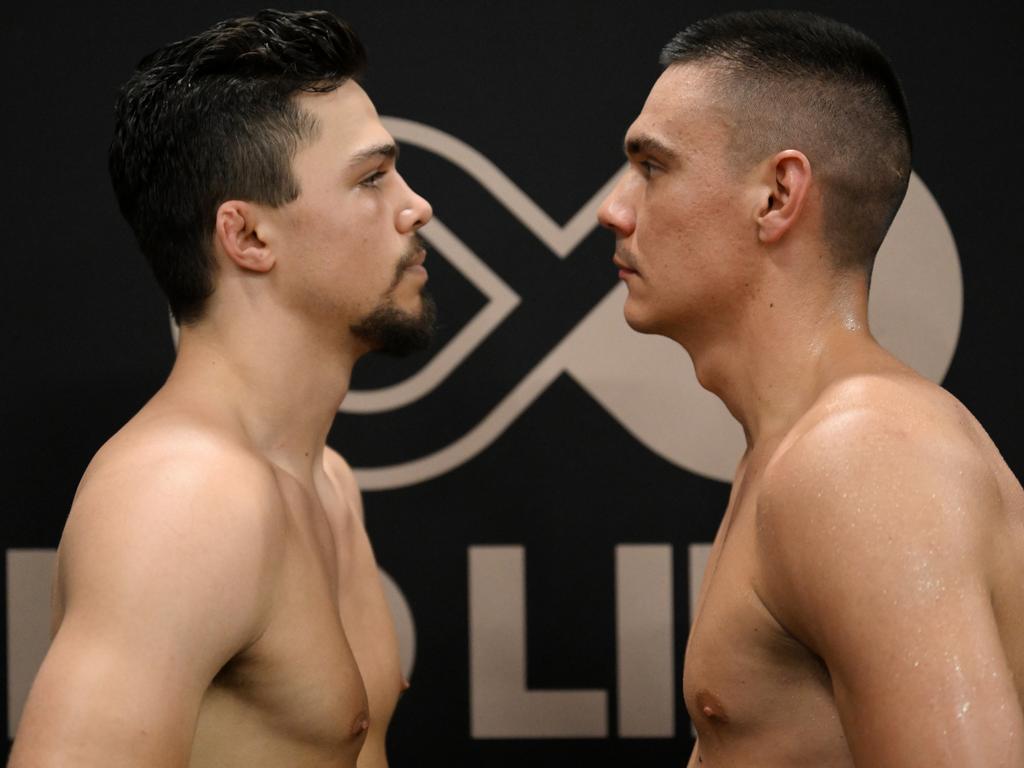 Joey Spencer (L) and Tim Tszyu face-off in Sydney. Picture: Grant Trouville ©