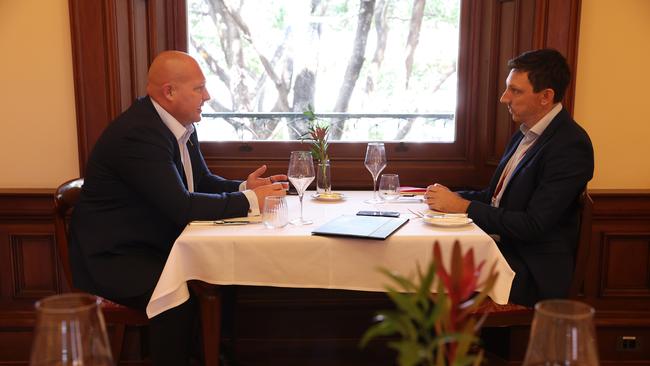 High Steaks with the outgoing speaker Curtis Pitt and journalist Hayden Johnson at Stranger's Restaurant at Parliament House, Brisbane, Picture: Liam Kidston