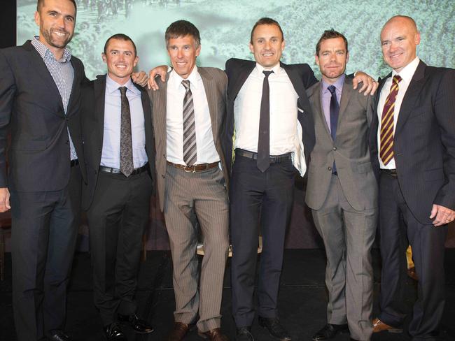 Cycling greats (from left) Brad McGee, Simon Gerrans, Phil Anderson, Baden Cooke, Cadel Evans and Stuart O'Grady together in Melbourne. Picture: Eugene Hyland.