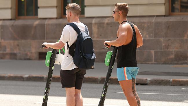 Lime scooters being ridden on the streets of Brisbane. Picture: Lyndon Mechielsen/The Australian