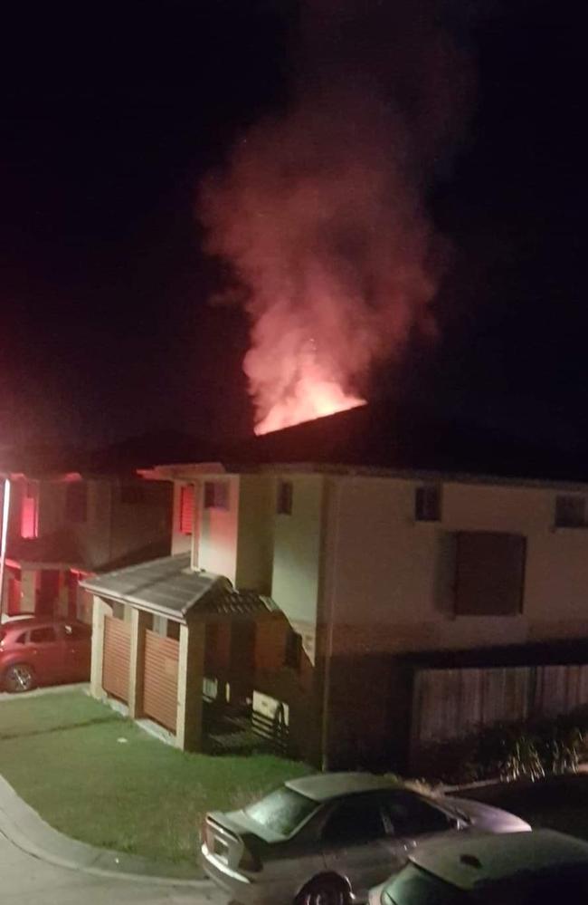 Fire tears through a two-storey unit block at Browns Plains. Picture: Nikita Rush