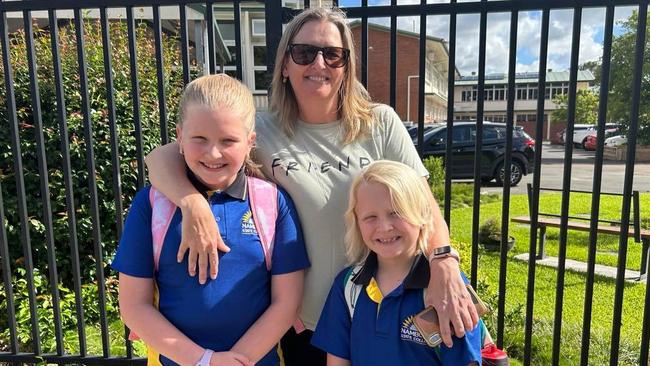 Isla Dornbusch, Kristy Dornbusch and Flynn Dornbusch at the first day of school at Nambour State School in 2023. Photo: Chelsea Heaney