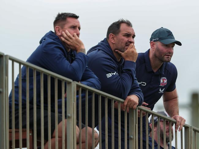 Roosters coaching staff looking on. Boyd Cordner & Mitchell Pierce.Picture: Adam Wrightson Photography. NSWRL Junior Reps - Round 6SG Ball CupCronulla vs Sydney RoostersCronulla High School, 11:45am.8 March 2025.