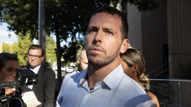 Former NT police officer Zachary Rolfe leaves Alice Springs court after day two of him giving evidence at the inquest into the death of Kumanjayi Walker. Picture: Liam Mendes