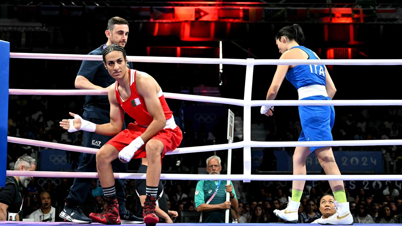 Khelif leaves the ring after being declared the “winner”. Picture: Mohd Rasfan/AFP