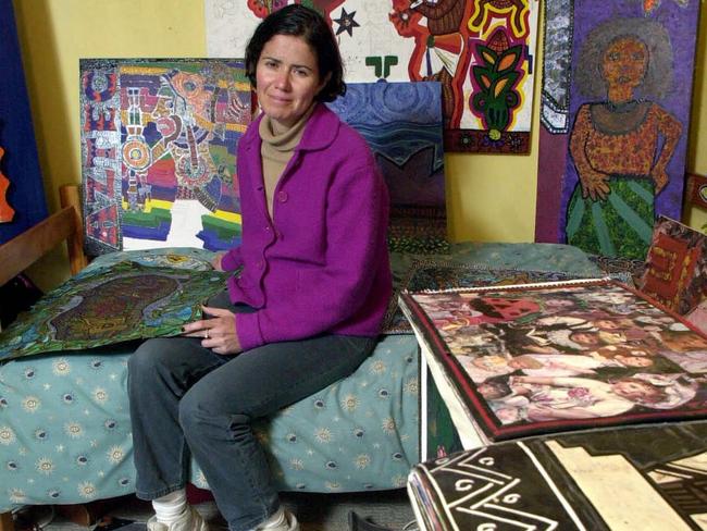 Margaret Reyes, in August 2001, in Passy’s bedroom at Mona Vale, looking at her major art works for the 2001 HSC. Picture: News Corp