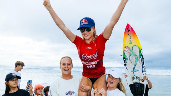 Erin Brooks marks winning the Bonsoy Gold Coast Pro on Saturday at Snapper Rocks. Picture: Cait Miers/World Surf League