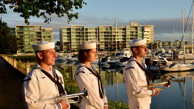 Commemoration dawn service for 80th anniversary of the Battle of the Coral Sea at Anzac Park, Townsville. MU2 Justin Malizia, MU3 Victoria Santospago and MU2 Shawn Henderson from the US Seventh Fleet Band. Picture: Evan Morgan