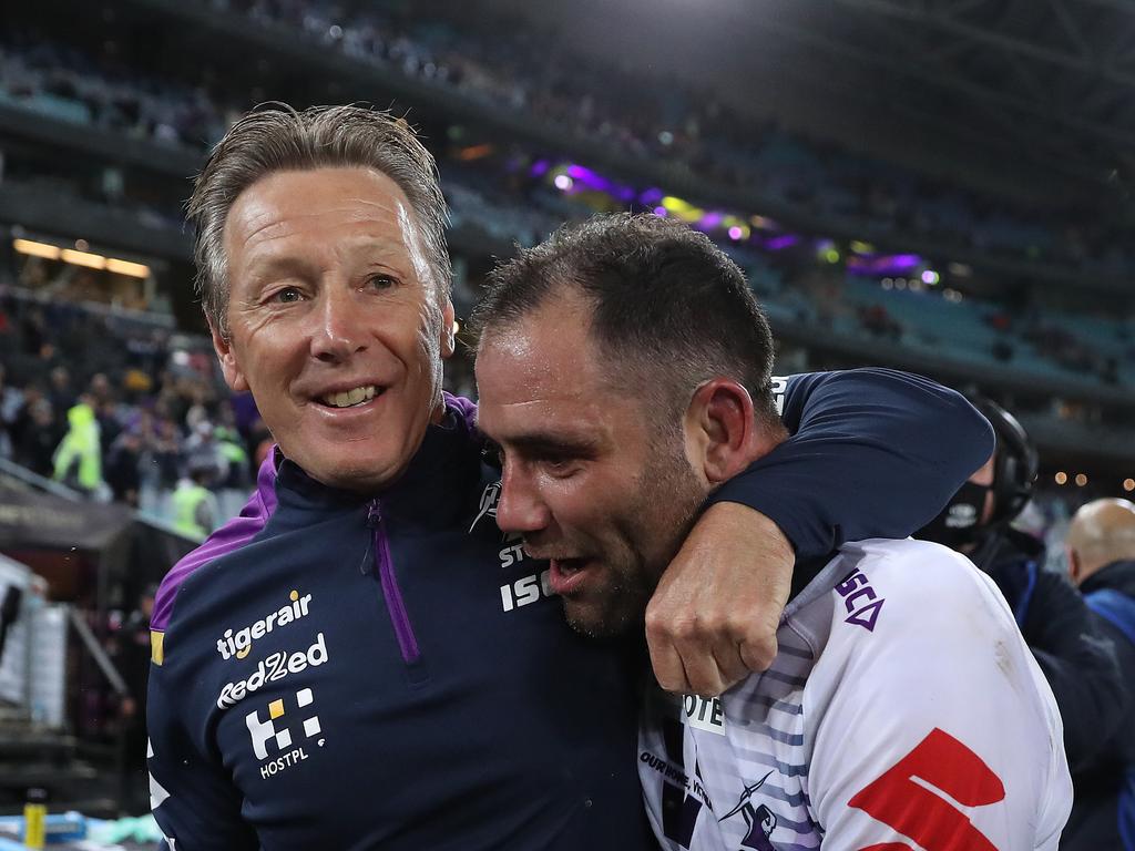 Melbourne coach Craig Bellamy celebrates victory with Cameron Smith after the 2020 NRL Grand Final. Picture: Brett Costello