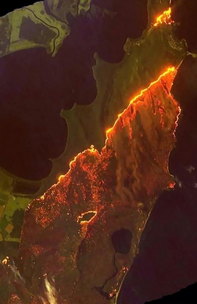 Satellite image looking over Yamba as bushfires consume the area. Picture: Fire &amp; Rescue Yamba