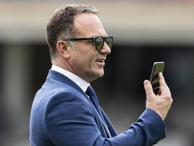 LONDON, ENGLAND - JUNE 15: Former Australia cricketer Michael Slater takes a selfie whilst on media duties during the Group Stage match of the ICC Cricket World Cup 2019 between Sri Lanka and Australia at The Oval on June 15, 2019 in London, England. (Photo by Andy Kearns/Getty Images)