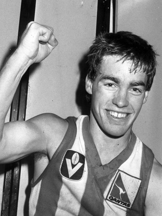 Alastair Clarkson after kicking the winning goal for the Kangaroos in his first game in 1987.