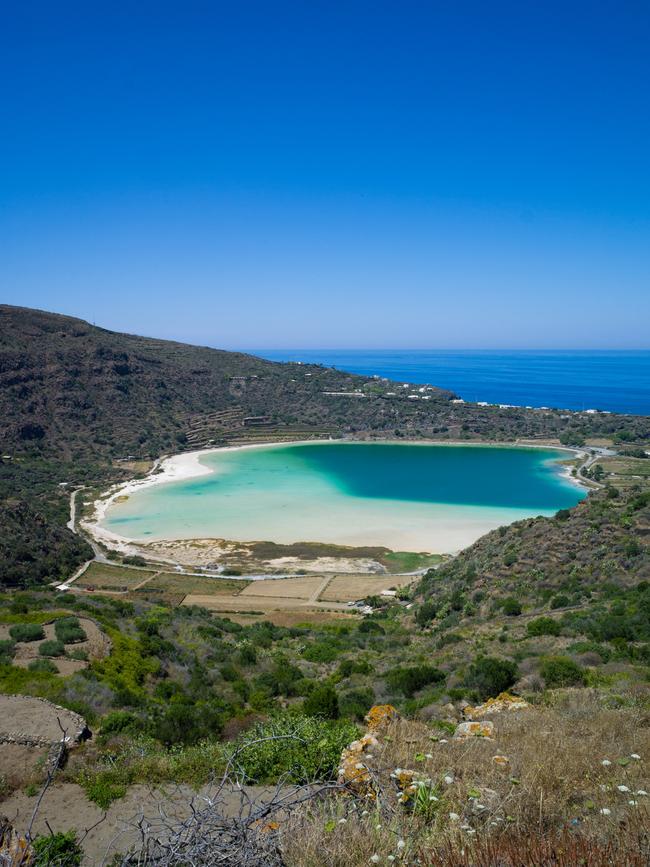 Panoramic view of the volcanic thermal lake "Specchio di Venere" in Pantelleria Island in Italy.