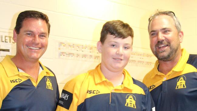 Todd Keogh and Alastair Lewis congratulate Lewis Andreassen on his 5 wicket Haul. Picture: Supplied