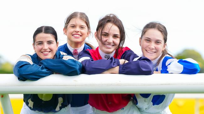 Female jockeys Dakotah Keane, Jaylah Kennedy, Jordyn Weatherley and Emily Pozman at Caulfield Heath Racecourse on February 10, 2025 in Caulfield, Australia. (Photo by Scott Barbour/Racing Photos)