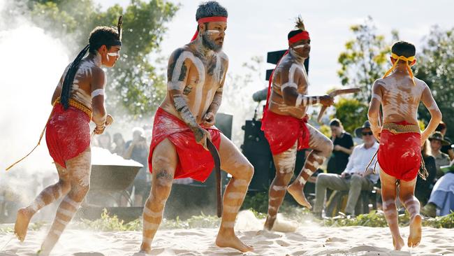 WEEKEND TELEGRAPH - 26.1.24UNTIL MUST NOT PUBLISH  BEFORE CLEARING WITH PIC EDITOR  - Welcome to country ceremony at Barangaroo in Sydney on the morning of Australia Day. Performers from the Muggera group pictured. Picture: Sam Ruttyn