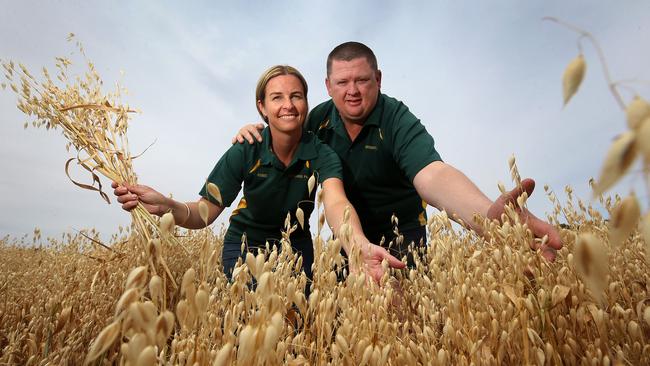 Top of the crops: Peter and Renee Burke on their farm at Jerilderie in southern NSW. Picture: Yuri Kouzmin