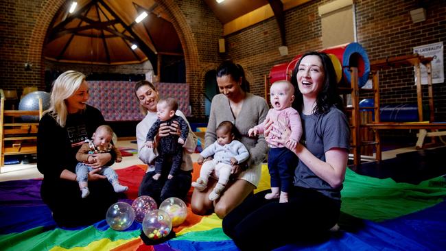 Kirsty Stewart, left, Jessica Durant, Lavanya Rajalingam and Laura Field with their babies at Mosman Gymbaroo in Sydney’s north shore on Tuesday. Picture: NCA NewsWire / Nikki Short