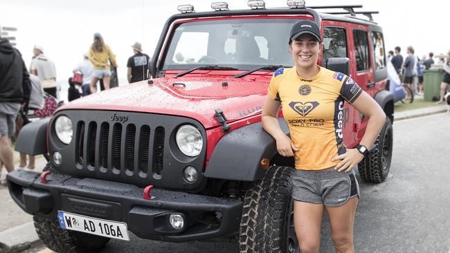 Pro surfer Tyler Wright with her Jeep Compass. Picture: Supplied.