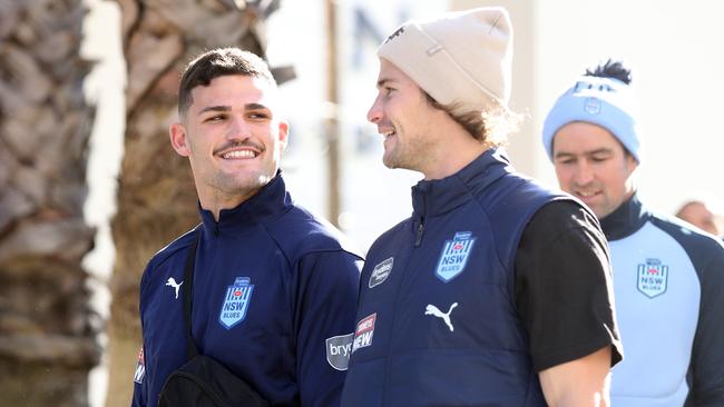 Nathan Cleary and Nicho Hynes share a laugh during Origin camp. Picture: Richard Dobson