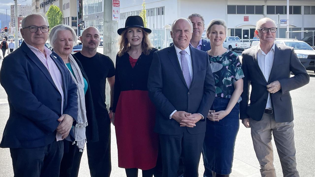 Hobart City councillors and alderman with Collins Street business owners and transport minister Eric Abetz meet on Friday following the announcement the state government will pull its $170,000 bike lane funding. Picture: Genevieve Holding